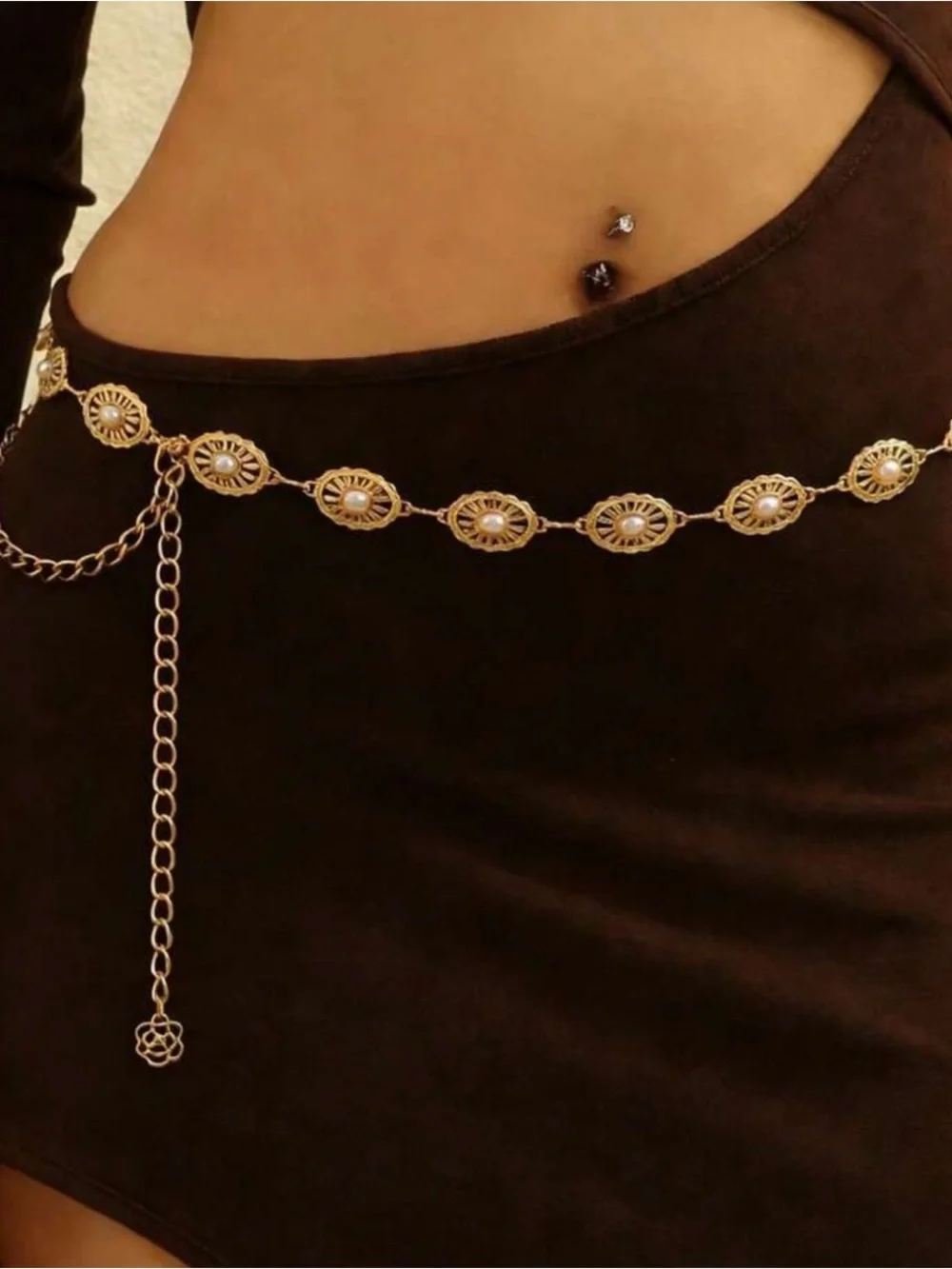 Gold-Tone Floral Link Chain Waist Belt